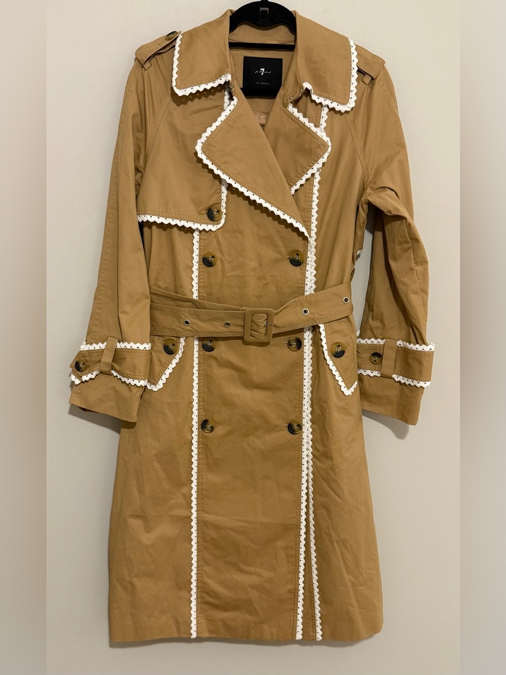 Camel Trench Coat White Ric Rac Trim Belted Double Breasted Statement Jacket - Picture 5 of 9